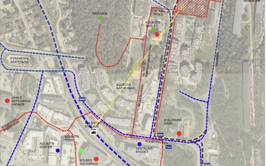 Avstander fra planområdet til viktige steder i Kolbotn